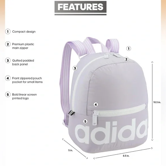 Adidas Liner Mini Backpack NWT Purple Tint /White light lilac - Picture 7 of 9